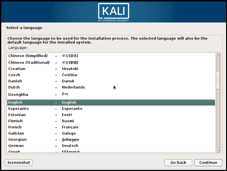 Select Language for install Kali Linux