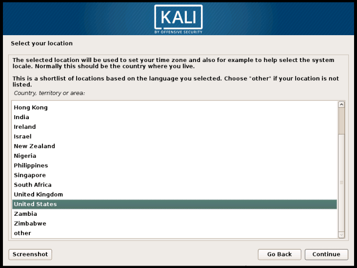 Select Country for install Kali Linux