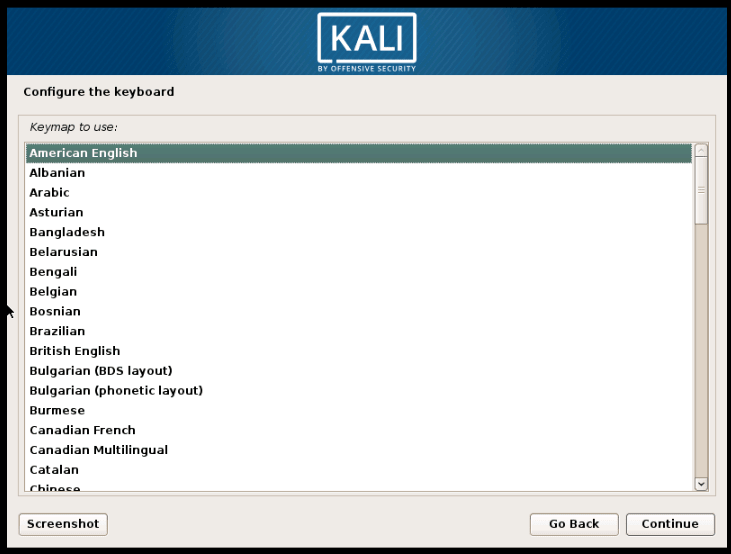 select keyboard layout to install Kali Linux