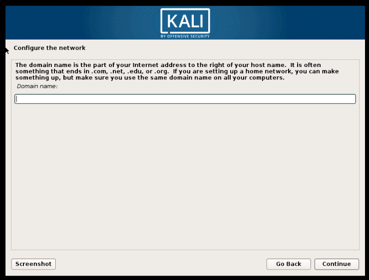type your domain name to install Kali Linux